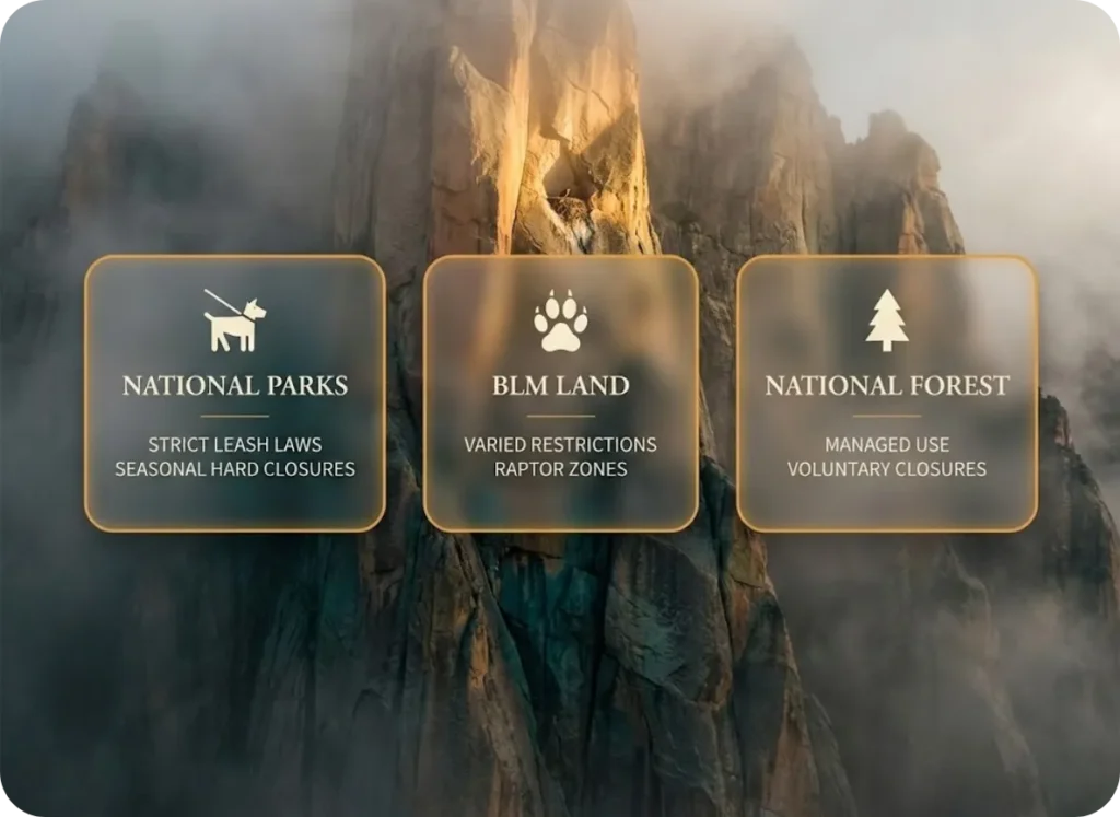 Comparison chart of climbing access rules and dog policies for NPS, BLM, and USFS lands overlayed on a dramatic sandstone cliff face with cinematic lighting.