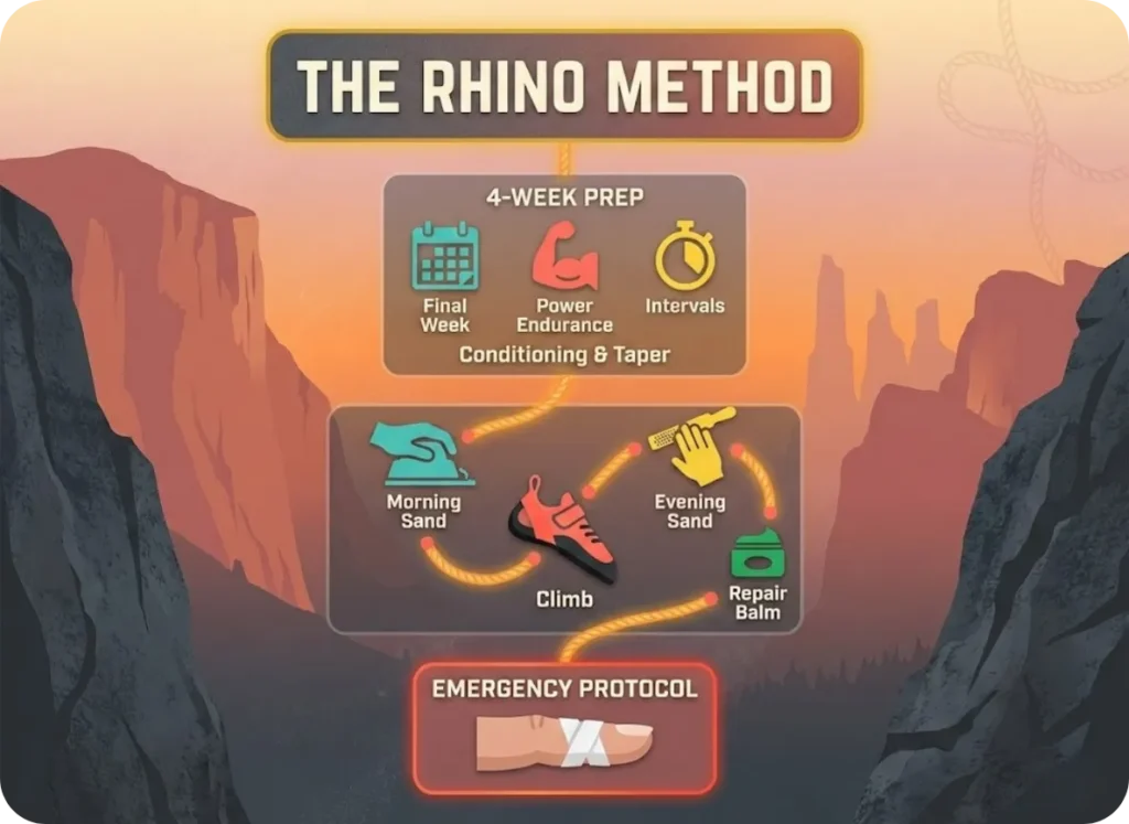 A vertical timeline infographic for rock climbers titled "The Rhino Method," set against a sunset cliff background, featuring illustrated icons for skin sanding, climbing sessions, and repair balm application.