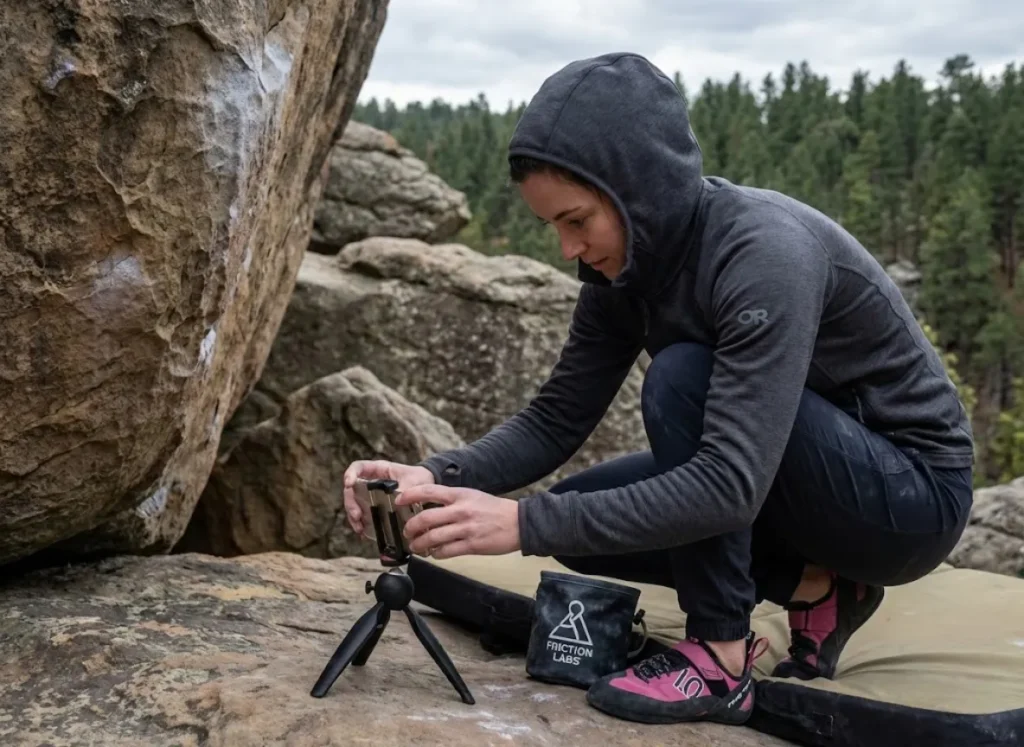 Climber setting up phone tripod to film boulder session for social media content creation