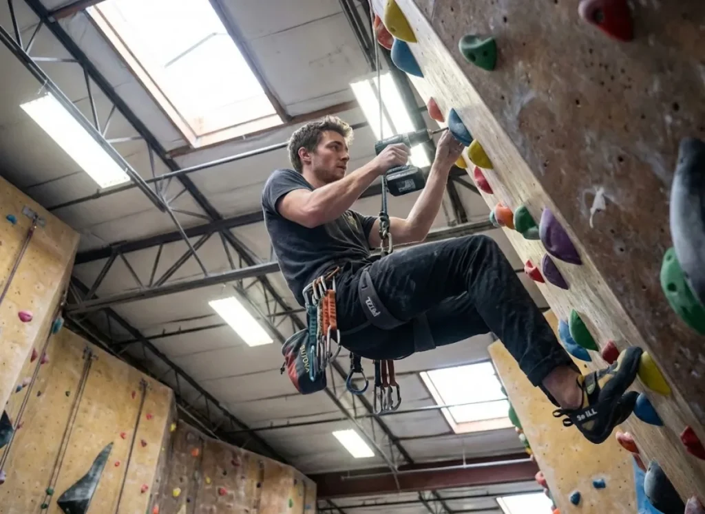 Route setter placing holds on gym climbing wall wearing So iLL shoes grassroots ambassador work