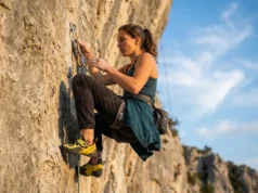 Can You Get Climbing Sponsorship at 5.12? Yes—Here’s How Climber clipping quickdraw on limestone sport route wearing La Sportiva shoes and Petzl harness