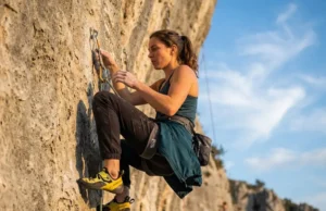 Can You Get Climbing Sponsorship at 5.12? Yes—Here’s How Climber clipping quickdraw on limestone sport route wearing La Sportiva shoes and Petzl harness