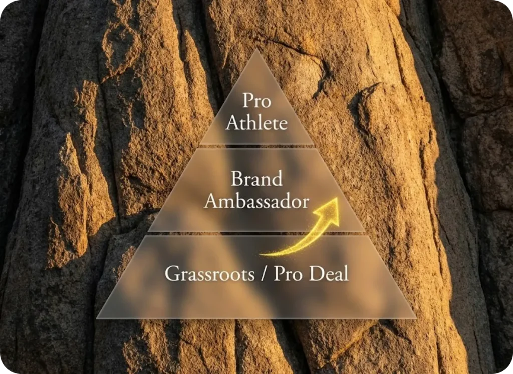 A cinematic infographic showing the three tiers of climbing sponsorship—Grassroots, Ambassador, and Pro Athlete—overlaid on a granite rock face.