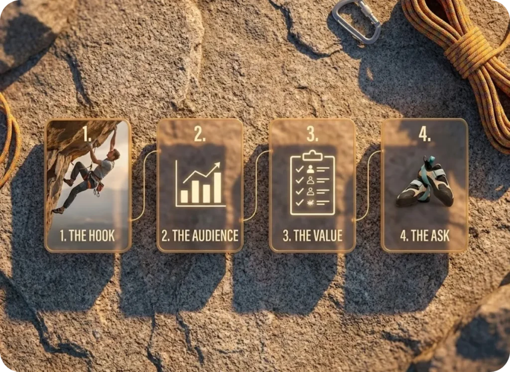 An educational infographic titled 'Anatomy of a Winning Pitch Deck' displayed on a granite rock surface. The image breaks down four slides: 1. The Hook (Identity), 2. The Audience (Analytics), 3. The Value (Deliverables), and 4. The Ask (Specific Gear), styled with BBC Earth cinematic lighting and climbing gear context.