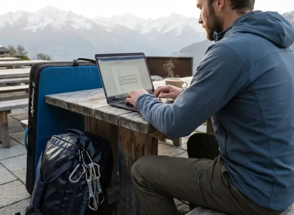 Climber working on sponsorship pitch deck on laptop at mountain café with gear beside him