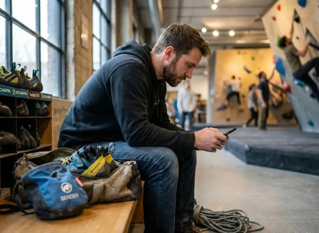 Climber in gym reviewing phone surrounded by climbing shoes and gear bags contemplating sponsorship
