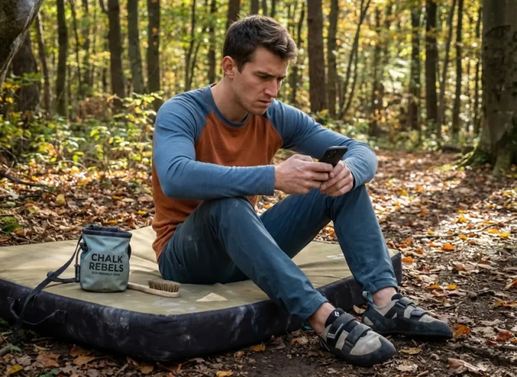 Frustrated climber checking phone on crash pad after bouldering representing sponsorship rejection