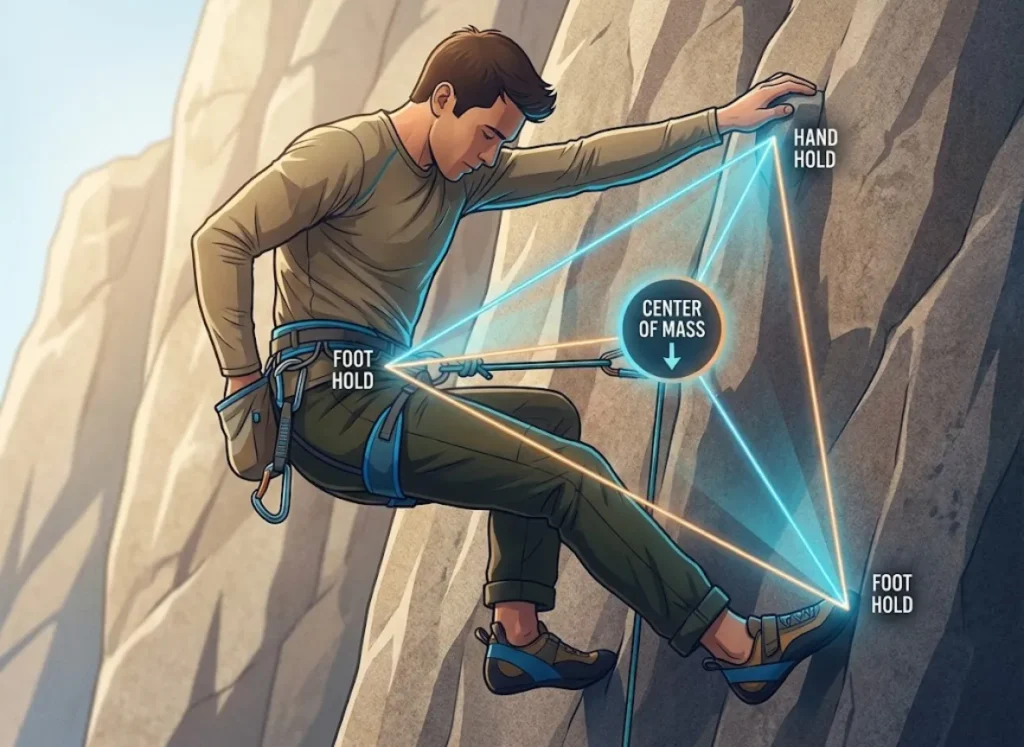 A technical infographic overlay on a rock climber, illustrating the "Triangle of Stability" with a glowing geometric triangle connecting their straight arm hang and two foot points, with the center of mass highlighted directly below the hand.