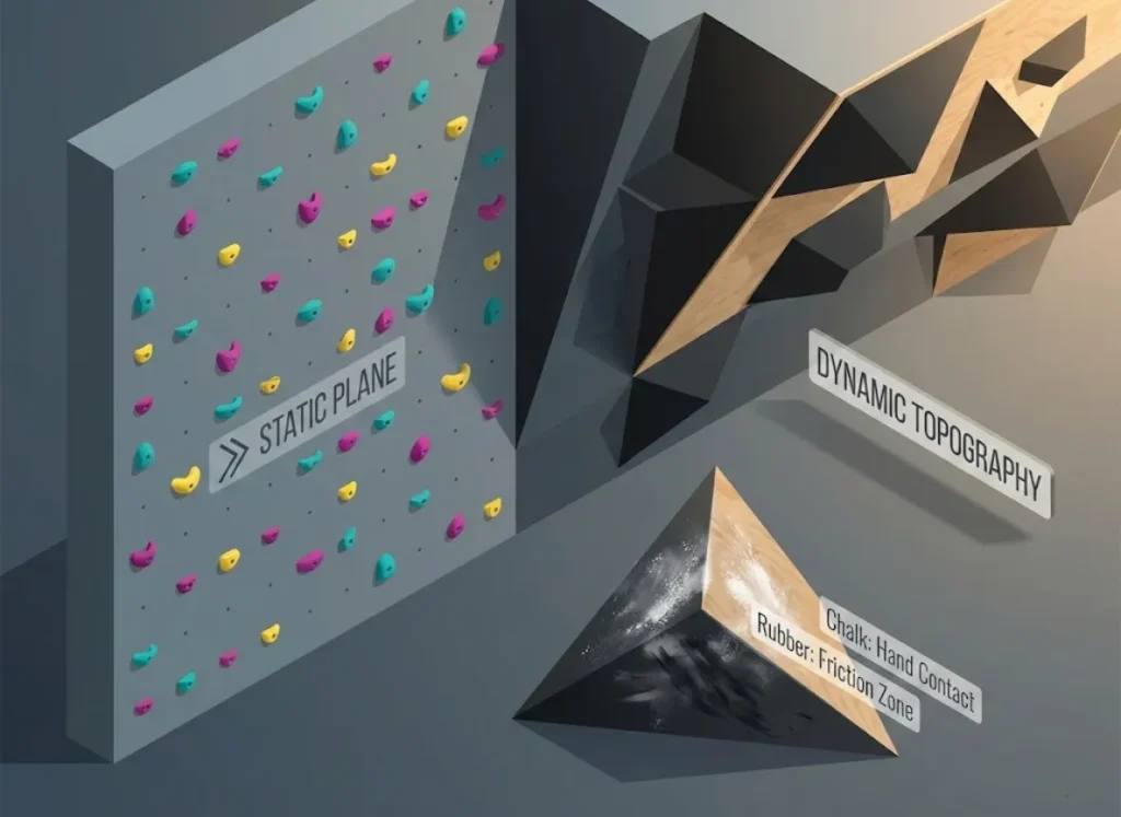 A split-screen isometric 3D illustration comparing a traditional flat climbing wall with small holds against a modern wall featuring large geometric volumes. The graphic highlights how volumes alter the climbing plane and distinguishes between chalk marks and rubber shoe smudges for friction analysis.
