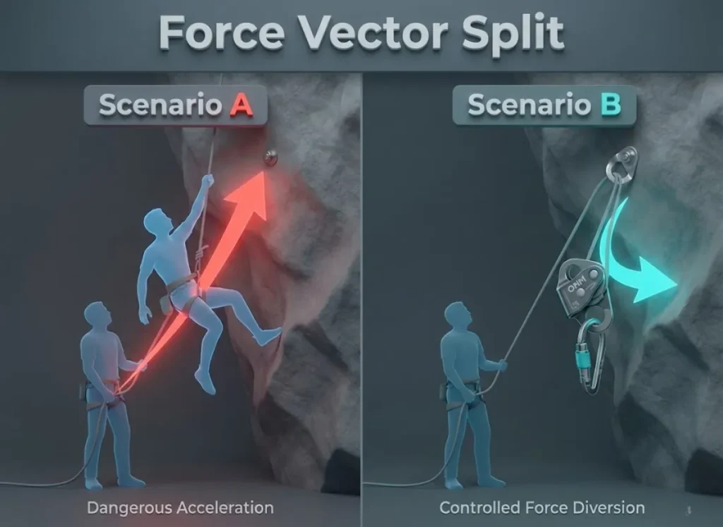 A split-screen educational infographic titled "Force Vector Split." The left side illustrates the "Rocket Belayer" effect with a red arrow pulling a climber upward. The right side demonstrates the safety of an Ohm device, diverting the force into the rock wall and keeping the belayer grounded.
