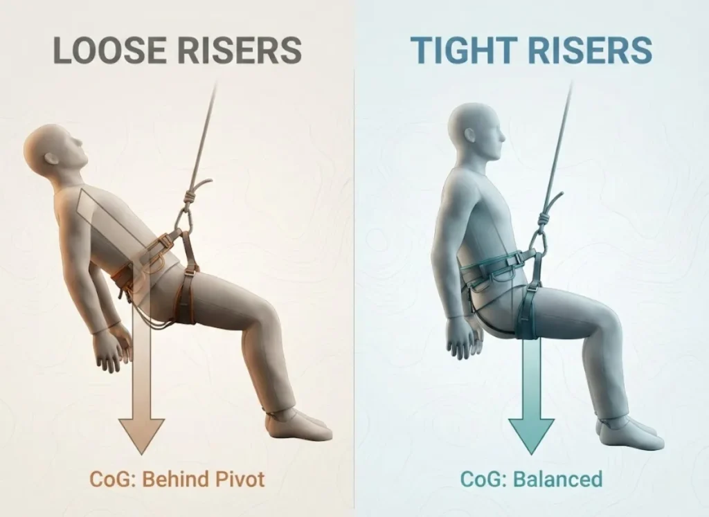 A technical side-by-side comparison diagram of a rock climber hanging in a harness. The left panel demonstrates "Loose Risers" causing the climber to tip backward, while the right panel shows "Tight Risers" resulting in a balanced, upright posture. Vector arrows indicate the center of gravity relative to the pivot point.