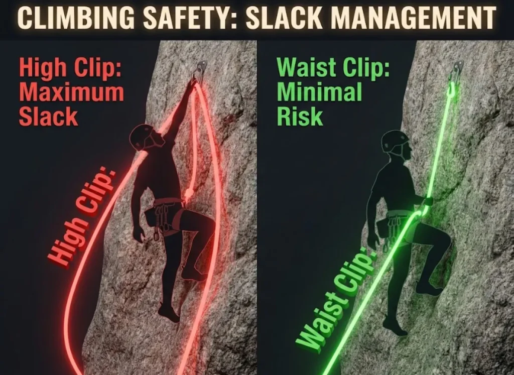 A side-by-side climbing safety diagram showing the physics of the "Slack Trap." The left side illustrates a climber reaching high to clip, creating a large, dangerous loop of red-highlighted slack rope. The right side shows a climber clipping safely at waist level with a short, green-highlighted rope segment.