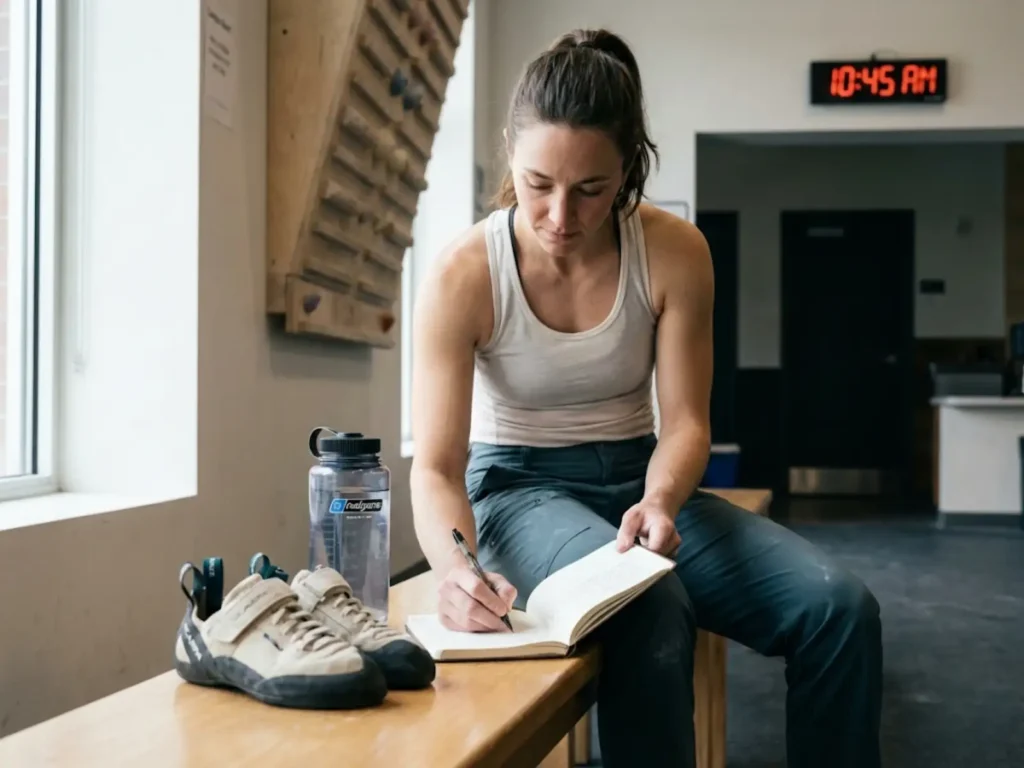 Climber resting and logging training data between campus board sets demonstrating proper CNS recovery protocols