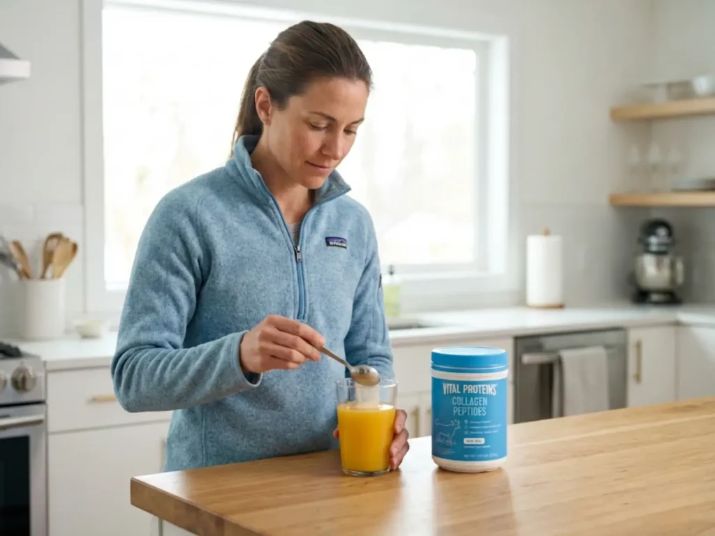 Climber preparing collagen and vitamin C supplement to support tissue healing after pulley injury