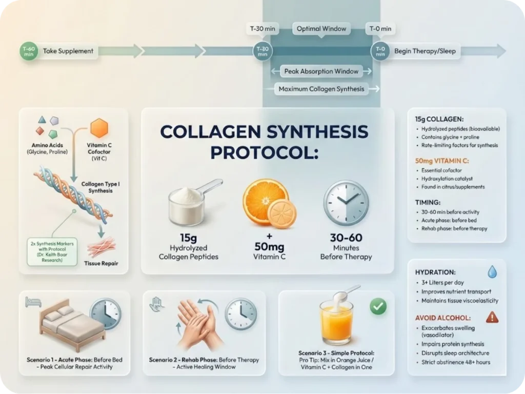 Visual protocol chart showing optimal timing and dosage for collagen supplementation to support pulley healing: 15g hydrolyzed collagen peptides plus 50mg vitamin C taken 30-60 minutes before therapy, with simplified collagen synthesis diagram.
