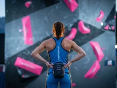 Read Competition Boulders Like A Route Setter A professional climber standing on competition mats analyzing a complex wall of pink volumes and dual-texture holds under dramatic stadium lighting.