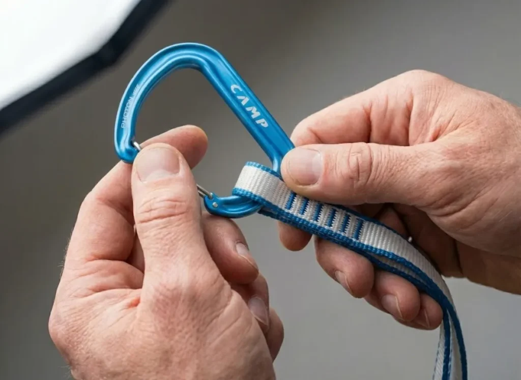 Hands demonstrating how to triple a 60cm Dyneema sling into an alpine draw using Camp wiregate carabiners.