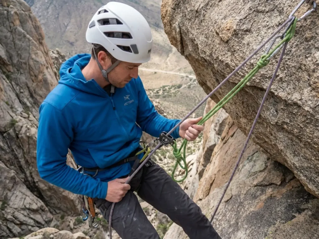 Climber descending on counterbalance rappel with autoblock backup on overhanging granite wall