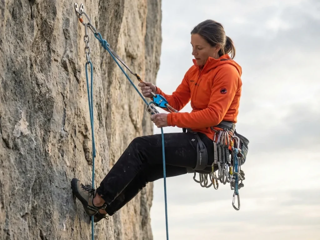 Climber rigging rappel device with extension and autoblock backup for counterbalance descent 