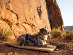 Crag Dog Etiquette: 8 Rules to Avoid Being “That Guy” Well-trained crag dog in harness settled on pad at base of climbing route in desert canyon