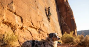 Crag Dog Etiquette: 8 Rules to Avoid Being “That Guy” Well-trained crag dog in harness settled on pad at base of climbing route in desert canyon