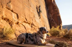 Crag Dog Etiquette: 8 Rules to Avoid Being “That Guy” Well-trained crag dog in harness settled on pad at base of climbing route in desert canyon