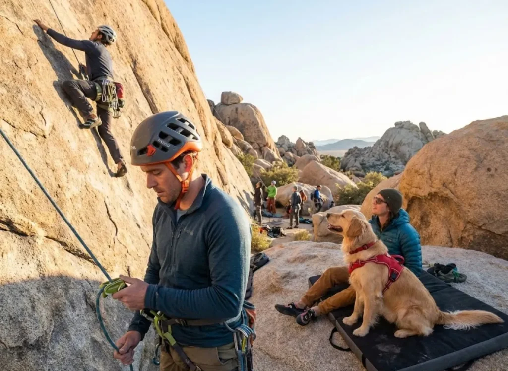 Climbing party demonstrating golden ratio with dedicated dog handler separate from belayer