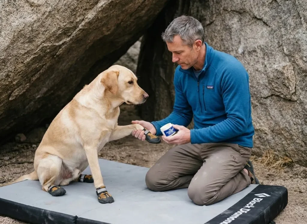 Climber inspecting dog paw pads and applying protection at the base of a crag