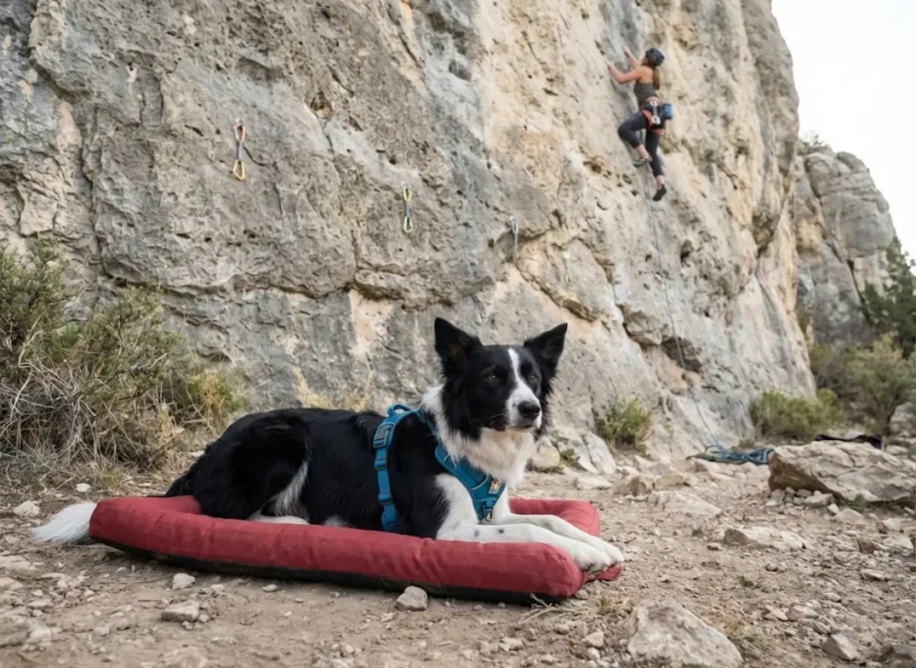 Border Collie holding place command on mat while owner climbs sport route behind