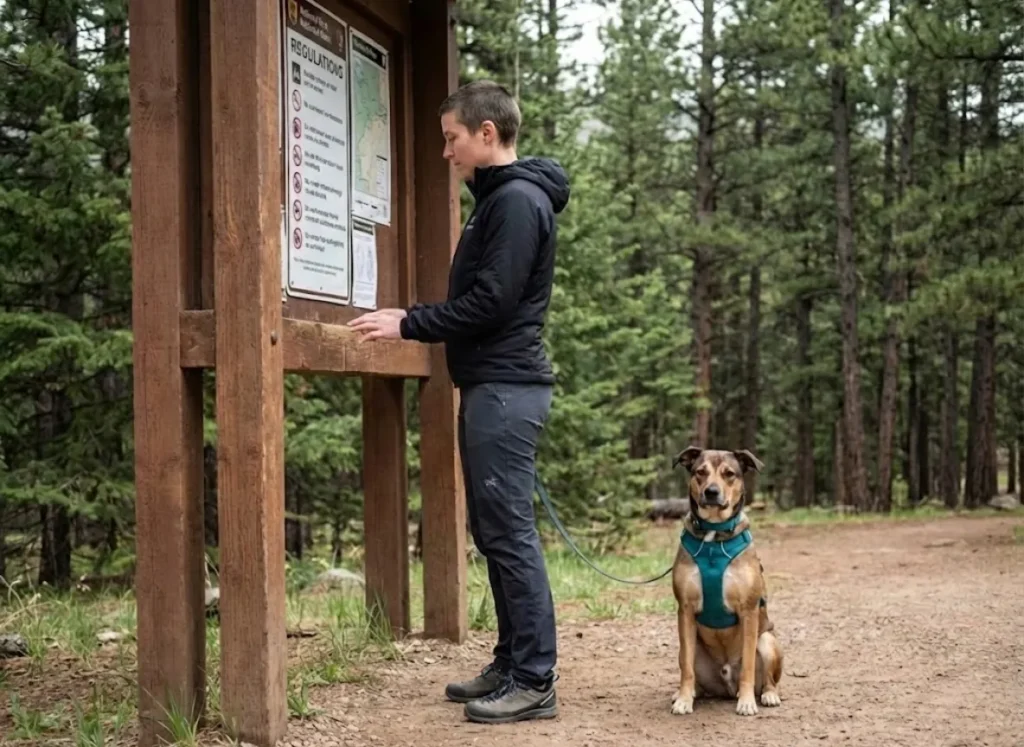 Climber with leashed dog reading trailhead regulations before approaching crag