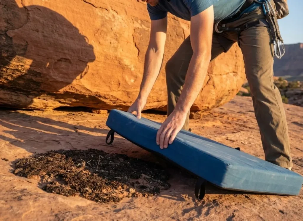 Climber placing crash pad on slickrock instead of cryptobiotic soil at desert bouldering area