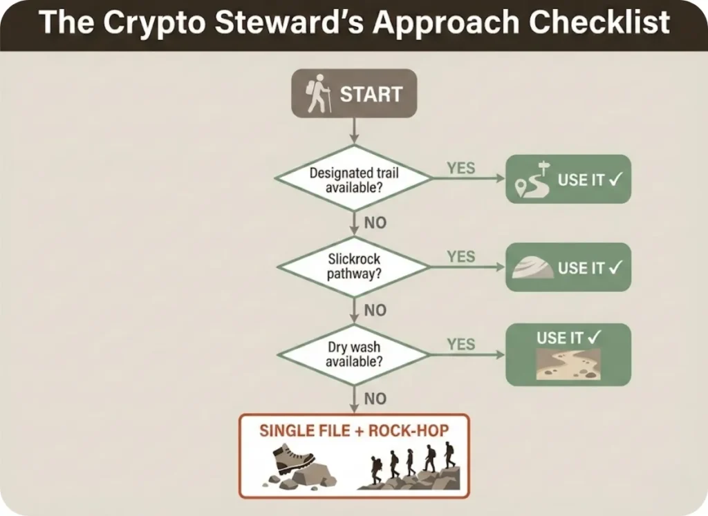 Decision tree flowchart showing the Crypto Steward's Approach Checklist for desert hiking: prioritizing designated trails, slickrock, dry washes, and single-file rock-hopping to protect cryptobiotic soil.