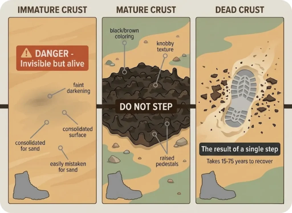 Educational infographic comparing three stages of cryptobiotic soil crust: immature crust appearing as consolidated sand, mature black knobby crust, and dead crust showing loose sand with footprint damage.