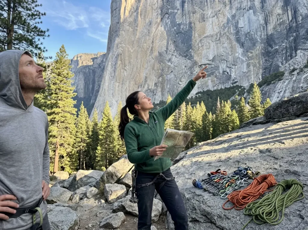 Two climbers racking gear at the base of El Capitan, tilting their heads back to size up the route