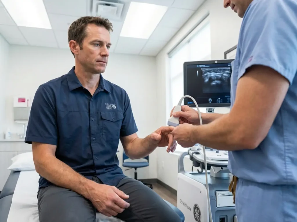 Climber receiving diagnostic ultrasound examination for pulley injury from hand therapist