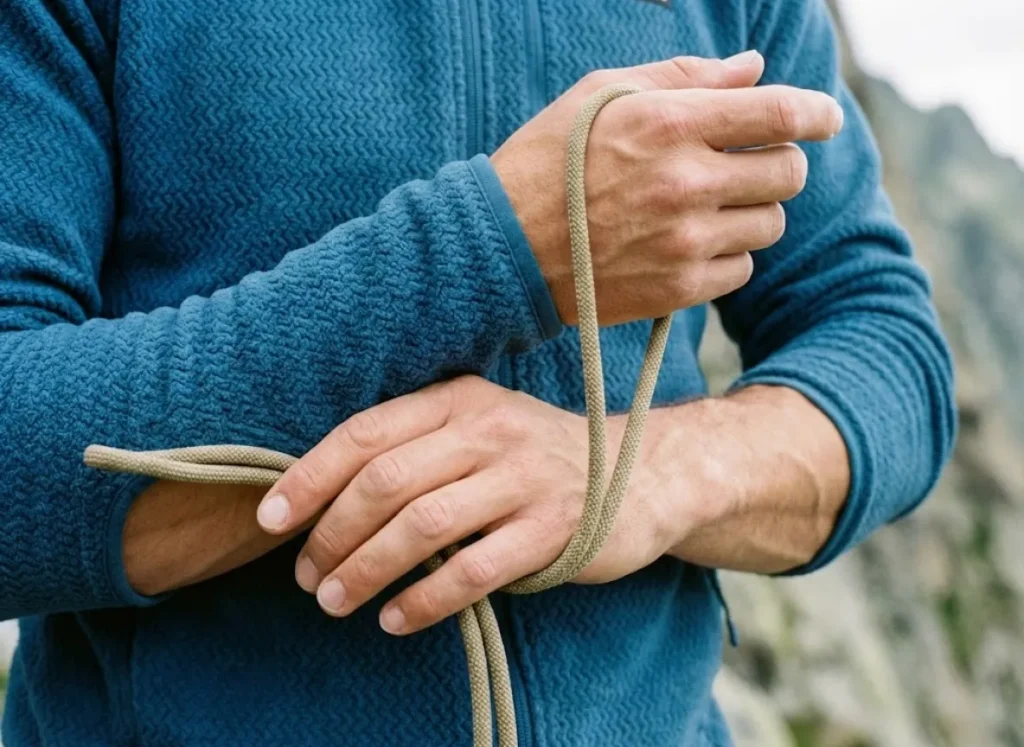 Close-up of a climber's clean hands manipulating a Mammut climbing rope into a butterfly coil, wearing a blue textured fleece.