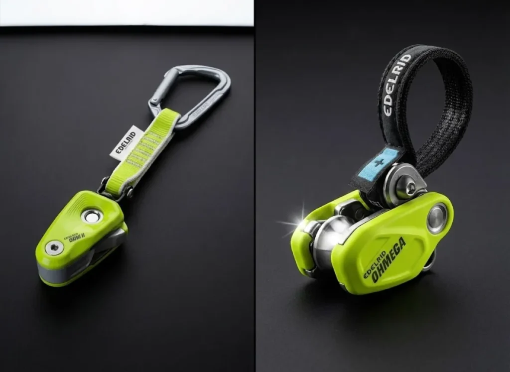 Studio product comparison shot showing the rigid Edelrid Ohm II next to the lightweight, Dyneema-constructed Edelrid Ohmega.