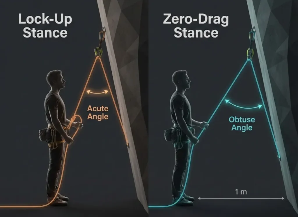 A side-by-side technical diagram illustrating the correct "Zero-Drag" belay stance versus the incorrect "Lock-Up" stance for the Edelrid Ohm. The visual highlights the rope angles created by standing 1 meter back compared to standing directly under the bolt.