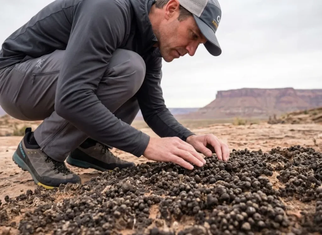 Climber examining dark knobby cryptobiotic soil crust texture on Colorado Plateau desert floor