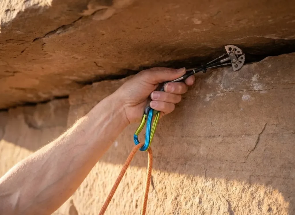Climber extending a cam placement under a roof with an alpine draw to prevent rope drag and abrasion on the edge.