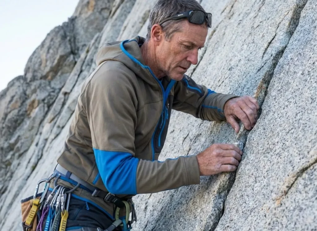 Experienced climber visually and tactilely inspecting rock quality for flake boundaries on alpine granite