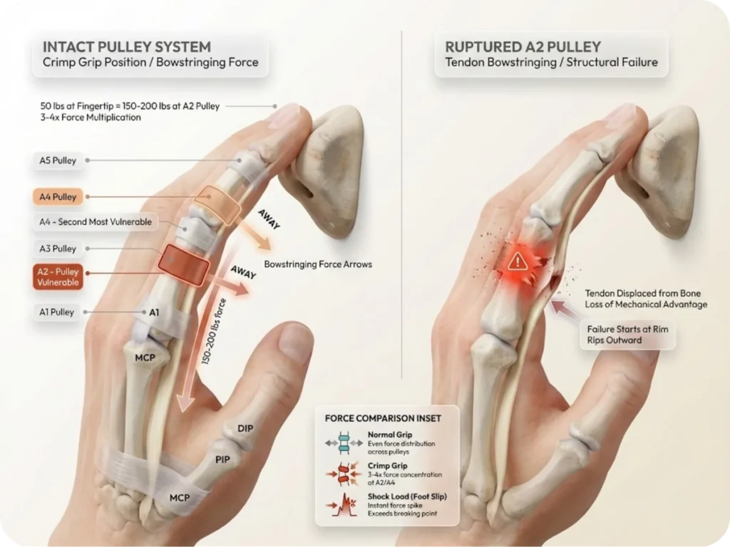 Anatomical diagram of finger pulley system showing A1-A5 pulleys along the finger, with A2 and A4 pulleys highlighted, bowstringing force vectors during crimp grip, and side-by-side comparison of intact versus ruptured A2 pulley.