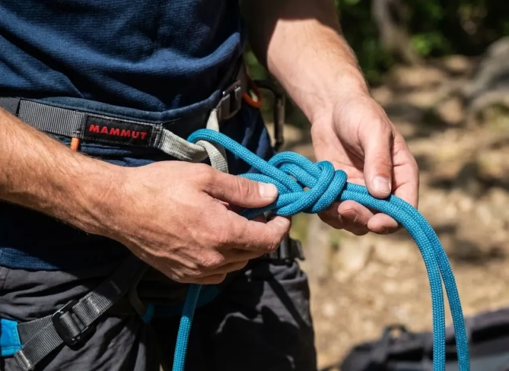 Climber using finger trace protocol to verify figure-eight tie-in knot