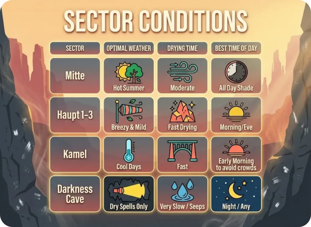 A climbing sector comparison matrix set against a sunset rock face background, featuring illustrated icons for weather, drying times, and sunlight conditions for Mitte, Haupt, Kamel, and Darkness Cave sectors.