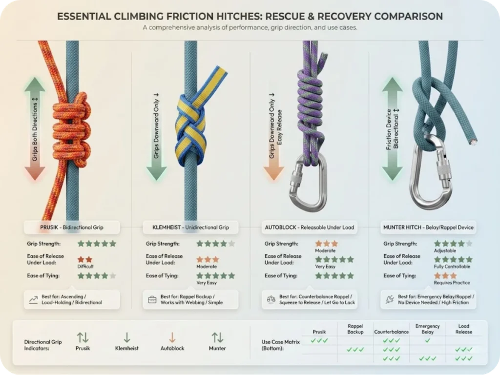 Visual comparison table showing Prusik, Klemheist, Autoblock, and Munter hitch side-by-side with labeled photos, directional arrows showing grip direction, and color-coded ratings for ease of release under load.