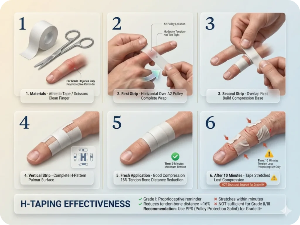 Step-by-step photo sequence demonstrating H-taping application on injured finger for pulley protection, followed by comparison showing how athletic tape stretches and loses compressive tension after 10 minutes of use.