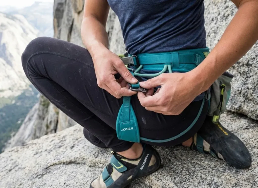 Female climber inspecting harness buckle at multi-pitch belay station