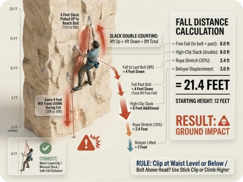 Technical diagram showing dangerous high-clip error: climber at 12ft pulling 4ft of slack to clip bolt at 16ft, with visual demonstration of slack double-counting mechanism (traveling up then down) and resulting fall distance calculation showing ground impact.