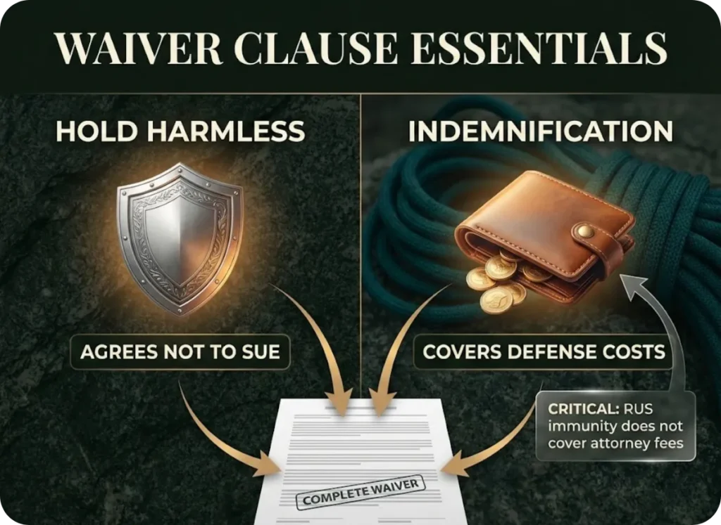 Infographic comparing hold harmless vs indemnification clauses in climbing waivers showing a shield for lawsuits and wallet for legal defense fees