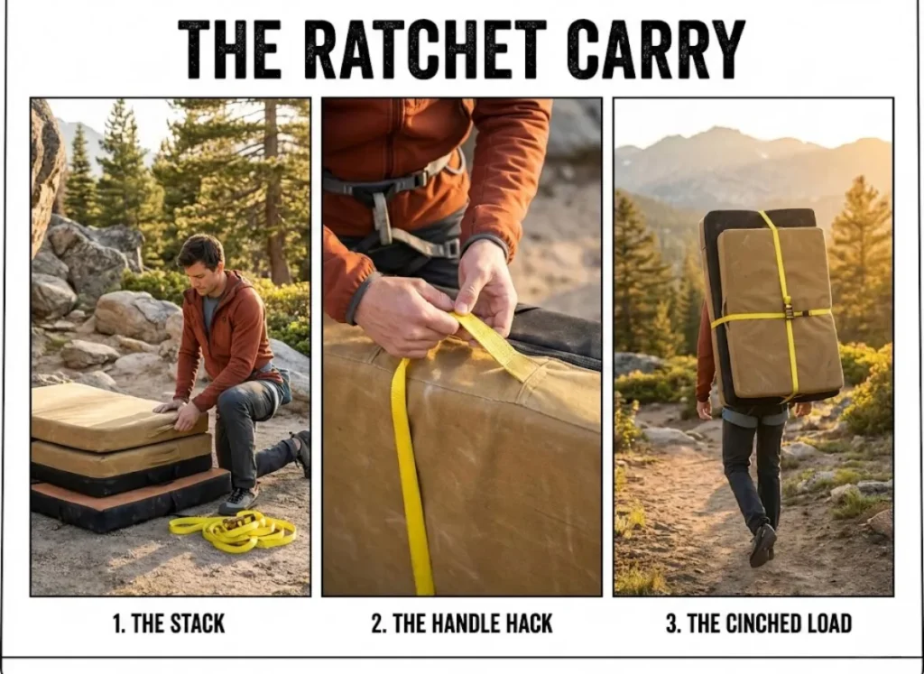 A three-part photo series titled 'The Ratchet Carry' showing a climber stacking three bouldering pads, threading a 15ft ratchet strap through the bottom handle of the base pad, and hiking with the cinched load on their back.